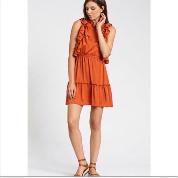 dRA ANTHRO Rust Orange Ruffle Palermo Dress Sz S - Picture 1 of 6